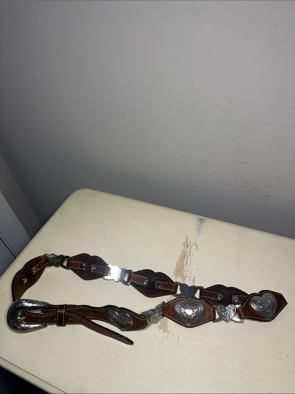 Tony Lama Brown Leather Western Belt with Silver Heart Conchos vintage USA - Picture 6 of 9